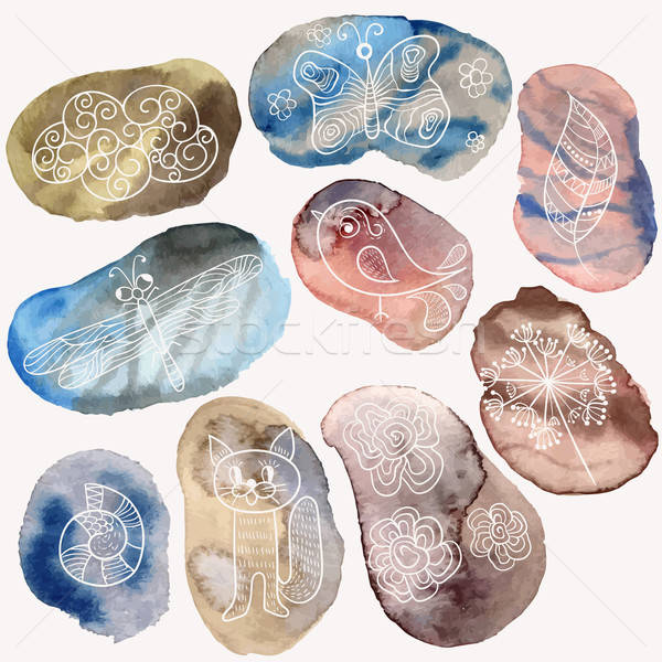 Vector  Watercolor  Stones with white Drawings Stock photo © alexmakarova
