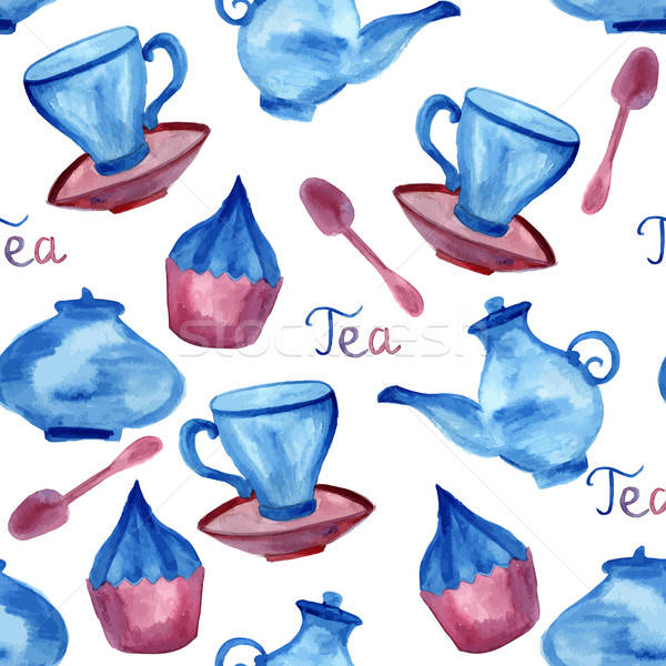 Vector Watercolor Seamless Tea Time Pattern Stock photo © alexmakarova