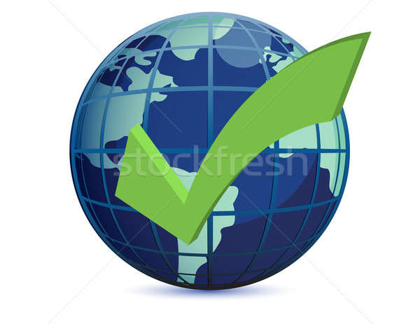 Stock photo: World globe and checkmark over a white backgorund