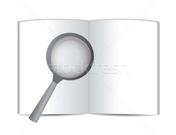 Foto stock: Livro · aberto · ampliar · vidro · ilustração · projeto · branco