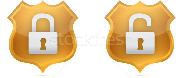 lock and unlock gold shields over white background Stock photo © alexmillos