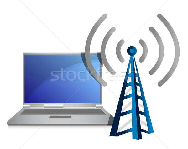 laptop with wifi tower illustration design over white Stock photo © alexmillos