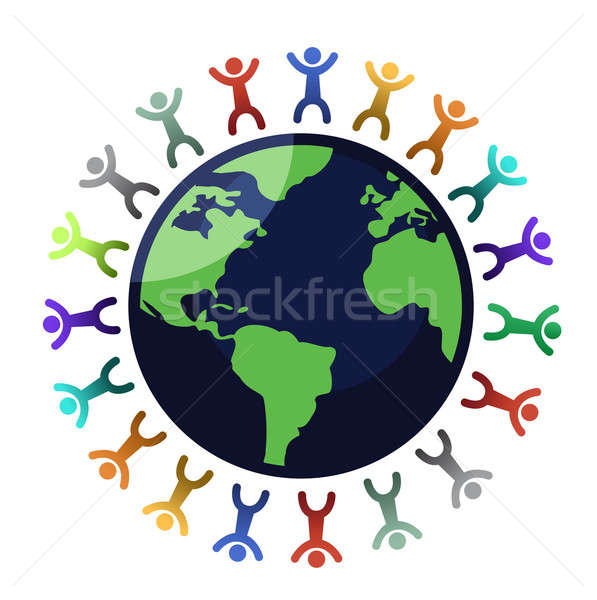 Foto stock: Multicultural · ninos · tomados · de · las · manos · mundo · mapa · tierra