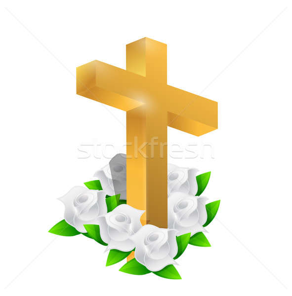 Beautiful gold cross and roses illustration design over white Stock photo © alexmillos