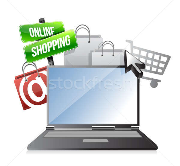 Foto stock: Compras · en · línea · ilustración · diseno · blanco · ordenador · portátil