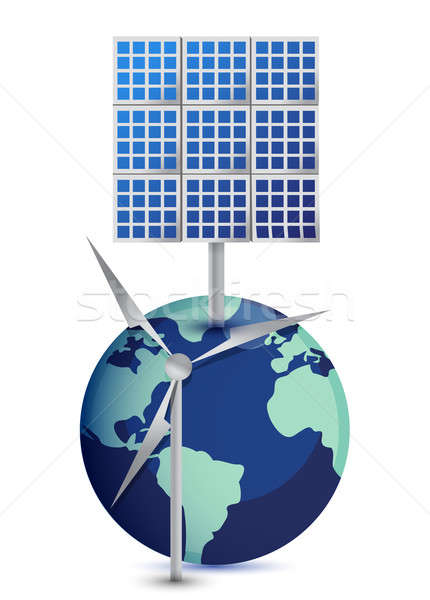 Miniature Globe with Windmill and Solar Panels on white backgrou Stock photo © alexmillos