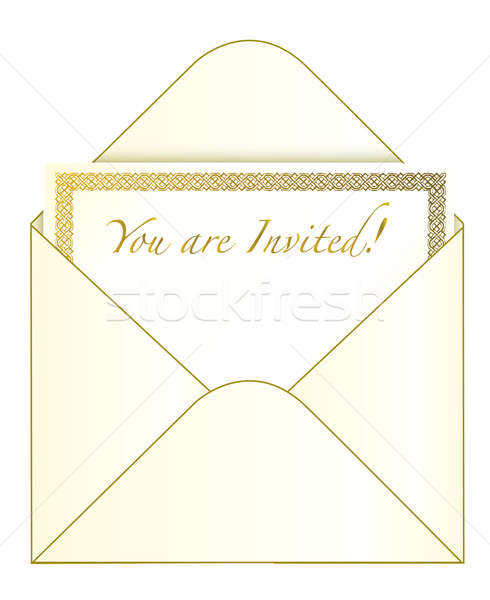 Foto stock: Envelope · dourado · convite · isolado · branco · papel