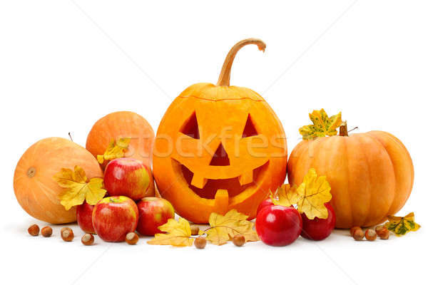 pumpkin-head, nuts, apples and yellow leaves isolated on white b Stock photo © alinamd