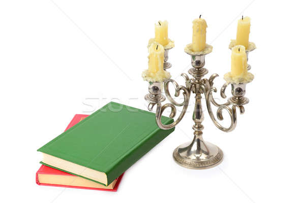 [[stock_photo]]: Chandelier · livres · isolé · blanche · bougies · livre