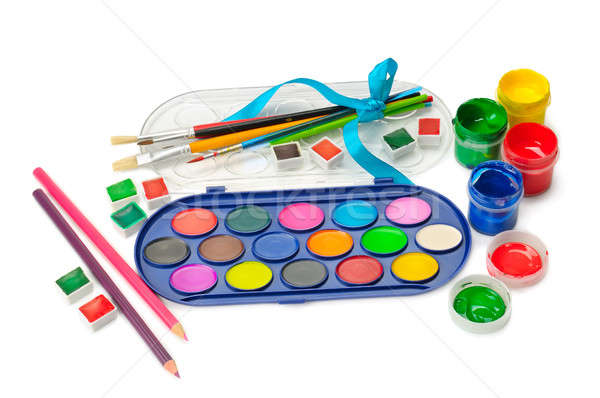 watercolor paint and colored pencils isolated on white backgroun Stock photo © alinamd