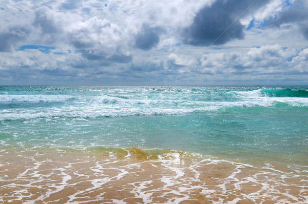 The sandy beach of the tropical ocean and the overcast sky. Stock photo © alinamd