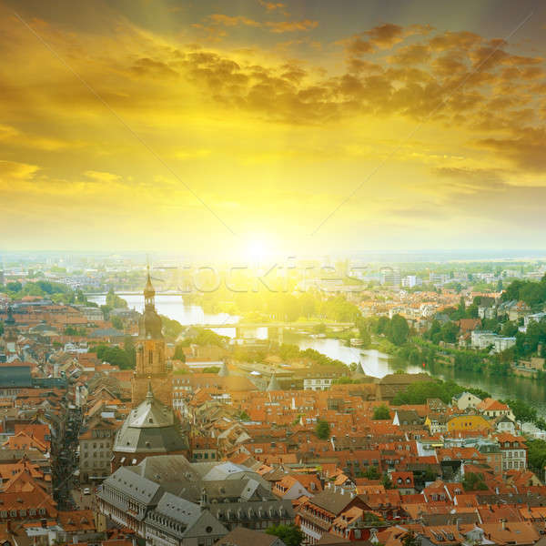 city in a mountain valley and sunrise Stock photo © alinamd