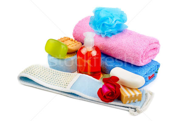 Handtücher Seife isoliert weiß Hintergrund Flasche Stock foto © alinamd