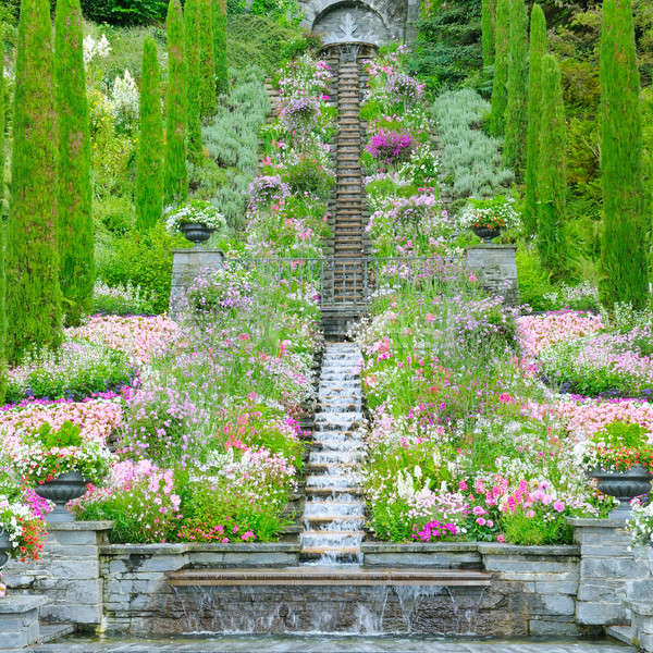 Flower garden and other plants, a staircase and a waterfall on t Stock photo © alinamd