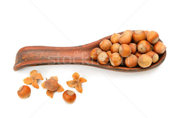 Stock photo: hazelnuts in a clay spoon isolated on white background