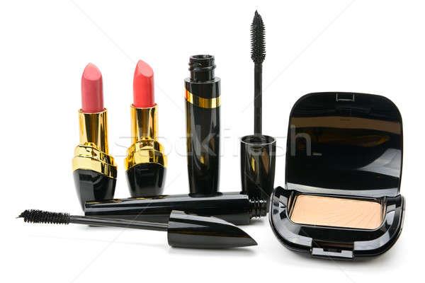 Stock foto: Set · dekorativ · Kosmetik · Pulver · Lippenstift · Mascara