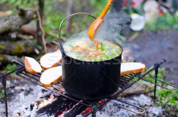 Kochen Suppe Feuer camping Gras Holz Stock foto © AlisLuch