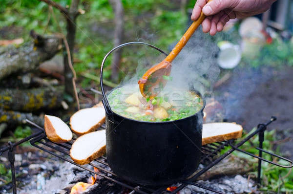 Kochen Suppe Feuer camping Gras Holz Stock foto © AlisLuch
