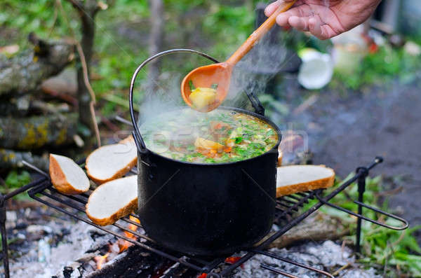 Kochen Suppe Feuer camping Gras Holz Stock foto © AlisLuch