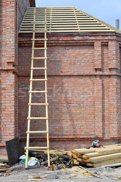 Foto d'archivio: Legno · scale · muro · di · mattoni · casa · costruzione · muro