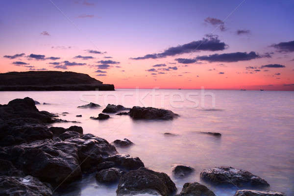 Seenlandschaft nebligen Wasser Sonnenuntergang Strand Himmel Stock foto © All32