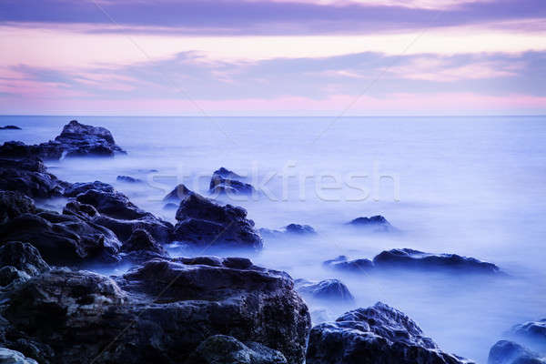 Nebligen Wasser Sonnenuntergang Seenlandschaft Strand Himmel Stock foto © All32