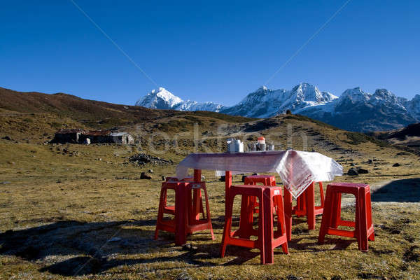 Table laid for breakfast with a view of the high  mountains Stock photo © All32