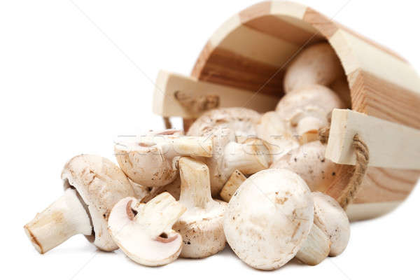 Mushrooms champignons spillage from the wooden bucket Stock photo © All32