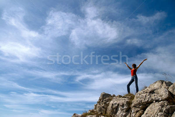 A young girl stands on the edge of a cliff Stock photo © All32