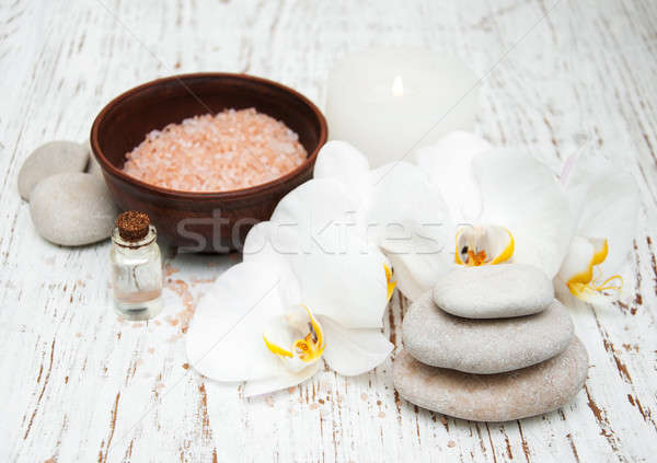 White orchids, candle and salt Stock photo © almaje