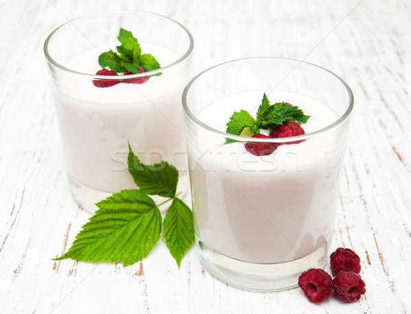 Stockfoto: Bril · vruchten · yoghurt · vers · fruit · frambozen · blad