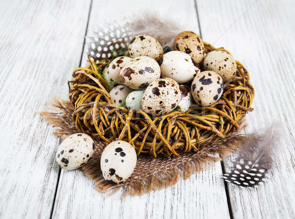 Stockfoto: Eieren · nest · oude · houten · tafel · voedsel · gezondheid