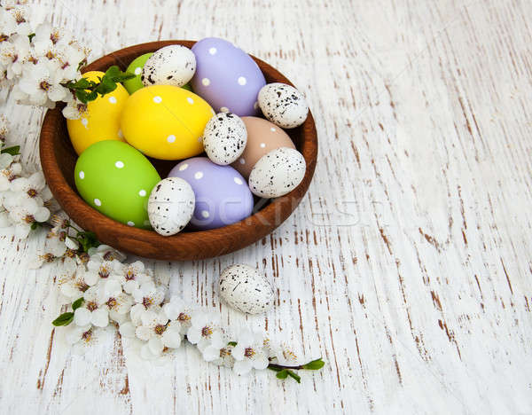 Stok fotoğraf: Paskalya · yumurtası · kiraz · çiçek · eski · ahşap · ağaç