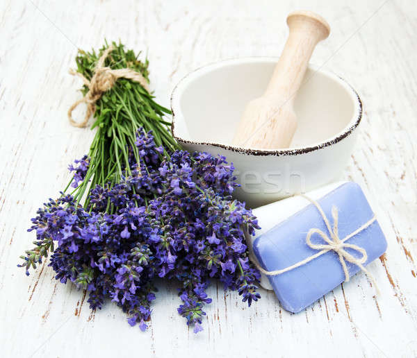 bunch of lavender flowers and mortar Stock photo © almaje