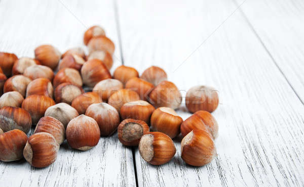 Stockfoto: Hazelnoten · houten · tafel · oude · vruchten · tabel