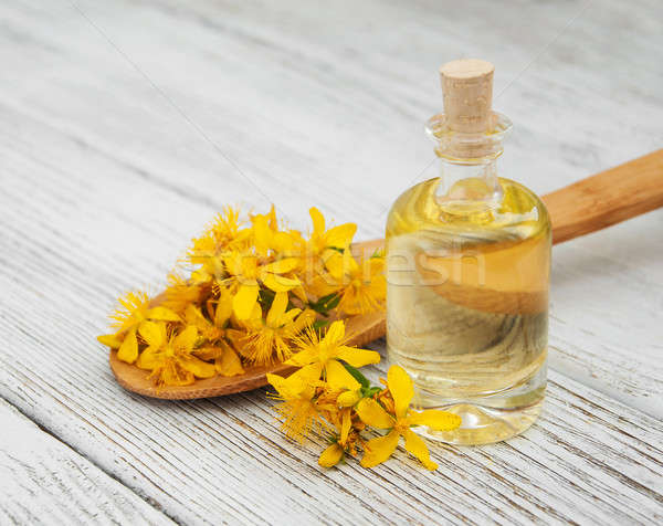 [[stock_photo]]: Bouteille · table · en · bois · fleur · jardin · vert · pétrolières