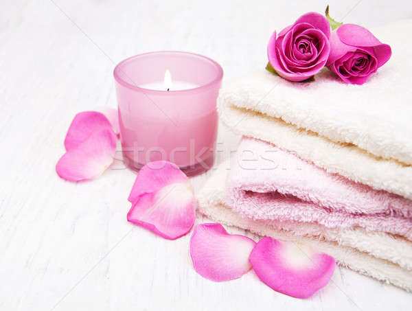 Bath towels with pink roses Stock photo © almaje