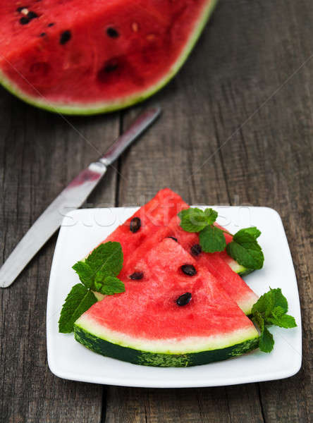Szeletek görögdinnye tányér asztal gyümölcs egészség Stock fotó © almaje