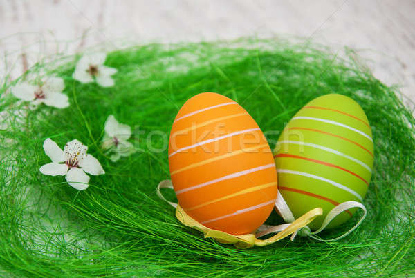 Paskalya yumurtası kiraz çiçek eski ahşap Paskalya Stok fotoğraf © almaje