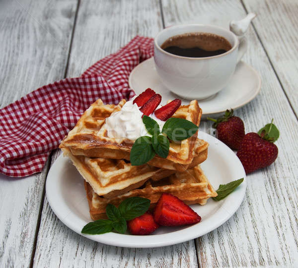 belgian waffles with strawberries and mint Stock photo © almaje