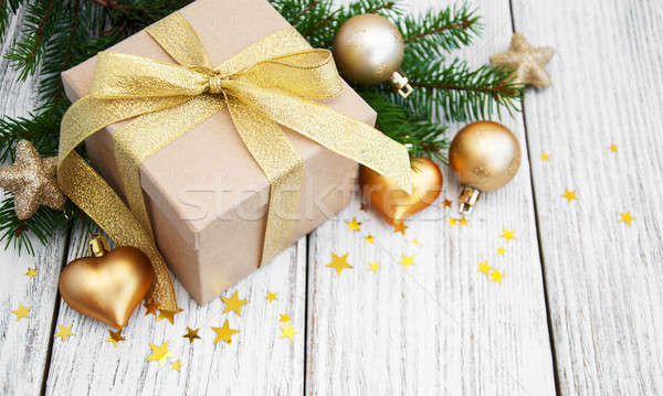 Stockfoto: Christmas · geschenkdoos · oude · houten · papier