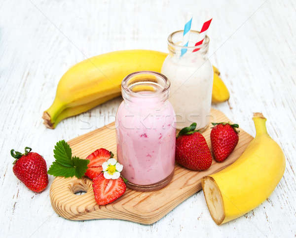 Bananas and strawberries with yogurt Stock photo © almaje