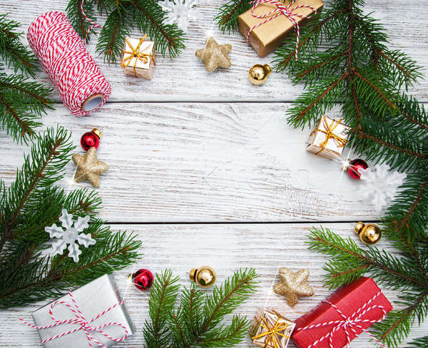 Stock foto: Weihnachten · Urlaub · Baum · Dekoration · Holztisch · Holz