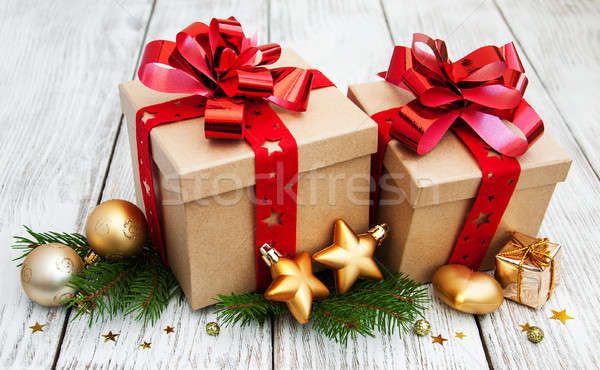 Stok fotoğraf: Noel · hediye · kutuları · süslemeleri · eski · ahşap · kâğıt