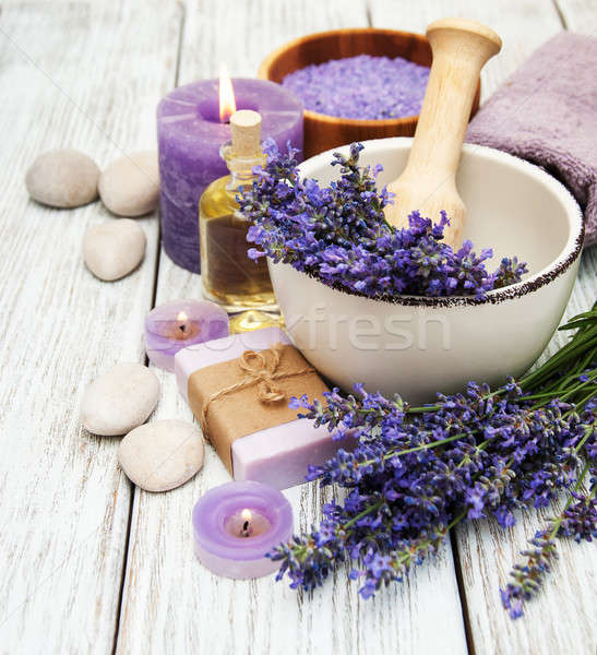 Stockfoto: Spa · producten · lavendel · bloemen · oude · houten