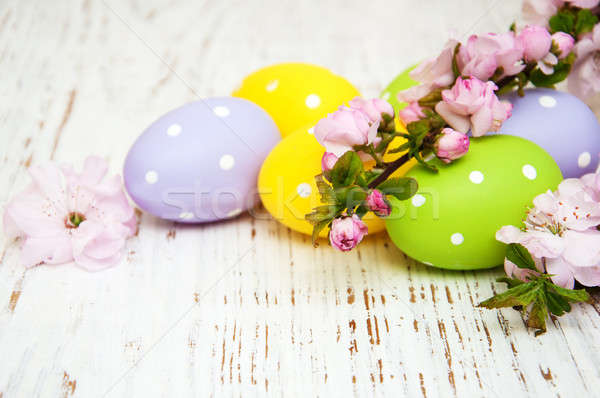 Foto d'archivio: Easter · eggs · ciliegie · fiore · vecchio · legno · Pasqua