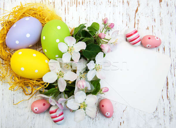 Foto stock: Ninho · ovos · de · páscoa · primavera · maçã · flor · páscoa