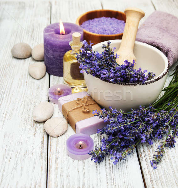 Foto d'archivio: Spa · prodotti · lavanda · fiori · vecchio · legno