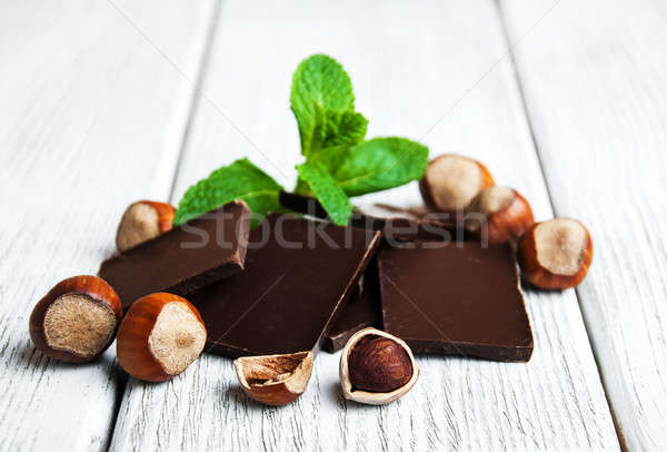 Stockfoto: Chocolade · noten · oude · houten · tafel · voedsel · bar