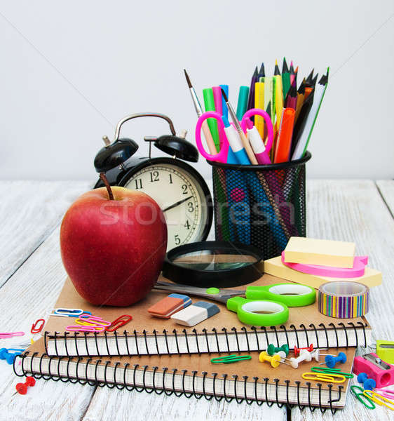 School houten tafel boek klok appel Stockfoto © almaje